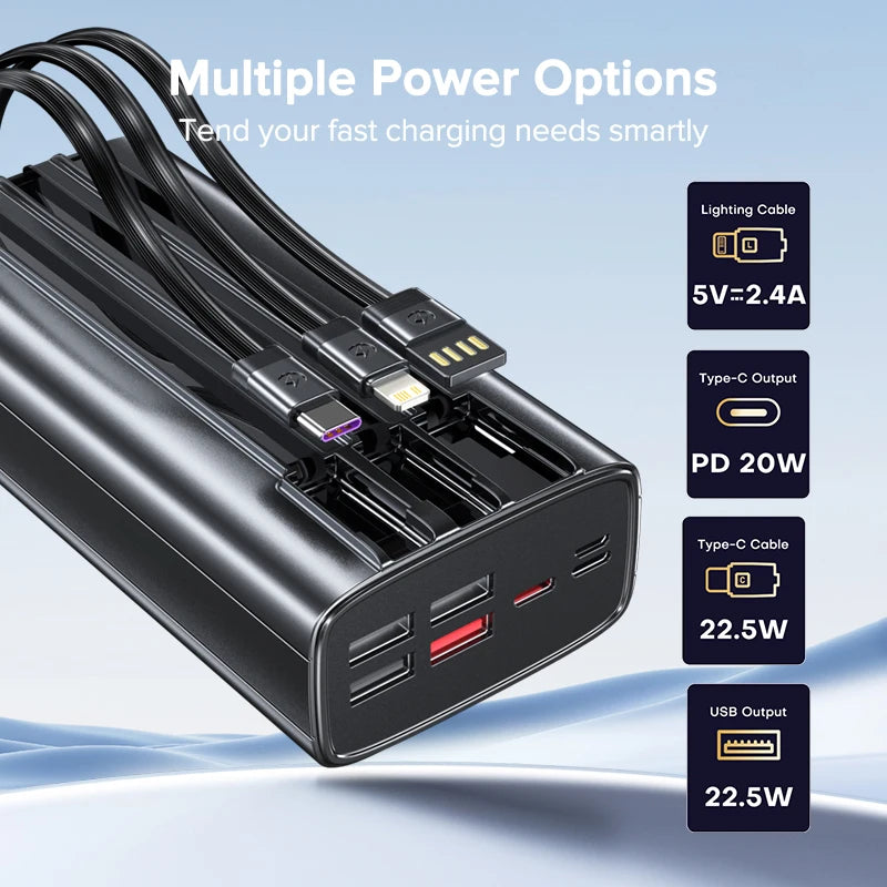 Power Up Anytime: 30000mAh 22.5W Fast Charging Power Bank with Built-In Cable for iPhone, Samsung, Xiaomi and More