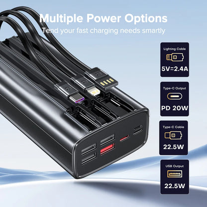 Power Up Anytime: 30000mAh 22.5W Fast Charging Power Bank with Built-In Cable for iPhone, Samsung, Xiaomi and More
