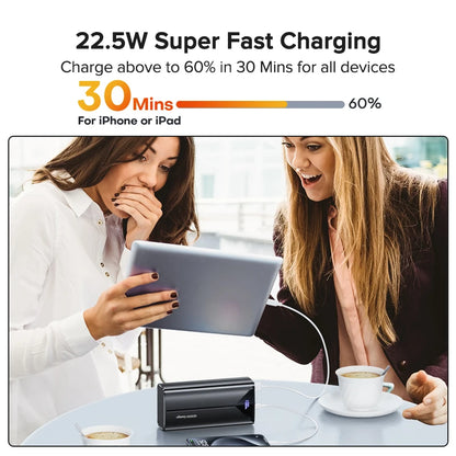 Power Up Anytime: 30000mAh 22.5W Fast Charging Power Bank with Built-In Cable for iPhone, Samsung, Xiaomi and More