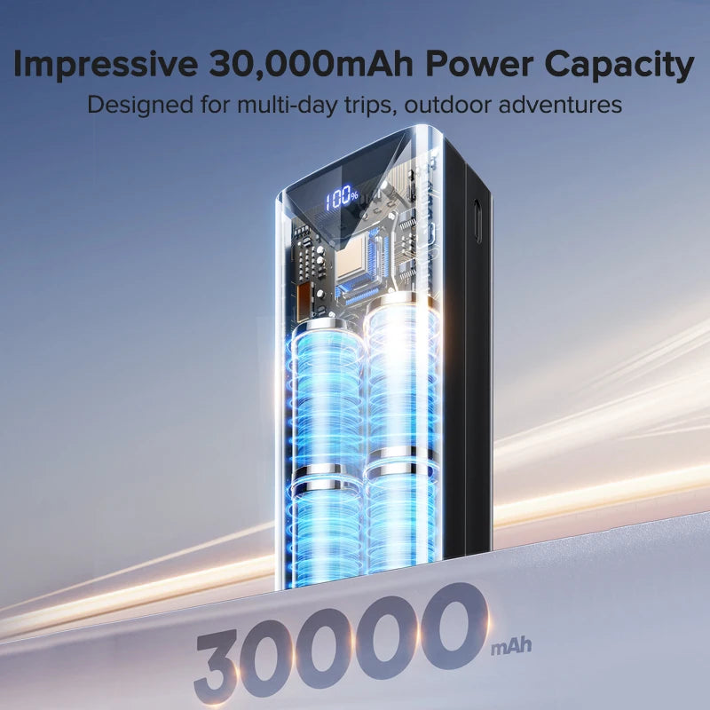 Power Up Anytime: 30000mAh 22.5W Fast Charging Power Bank with Built-In Cable for iPhone, Samsung, Xiaomi and More