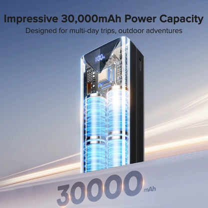 Power Up Anytime: 30000mAh 22.5W Fast Charging Power Bank with Built-In Cable for iPhone, Samsung, Xiaomi and More
