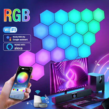 Transform Your Space with the RGB Intelligent Hexagonal Wall Lamp - Customizable Color-Changing Night Light with APP Control for Game Rooms and Bedrooms